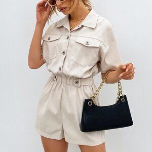 Beige Casual Womens Buttoned Front Pocket Patched Shirt Romper